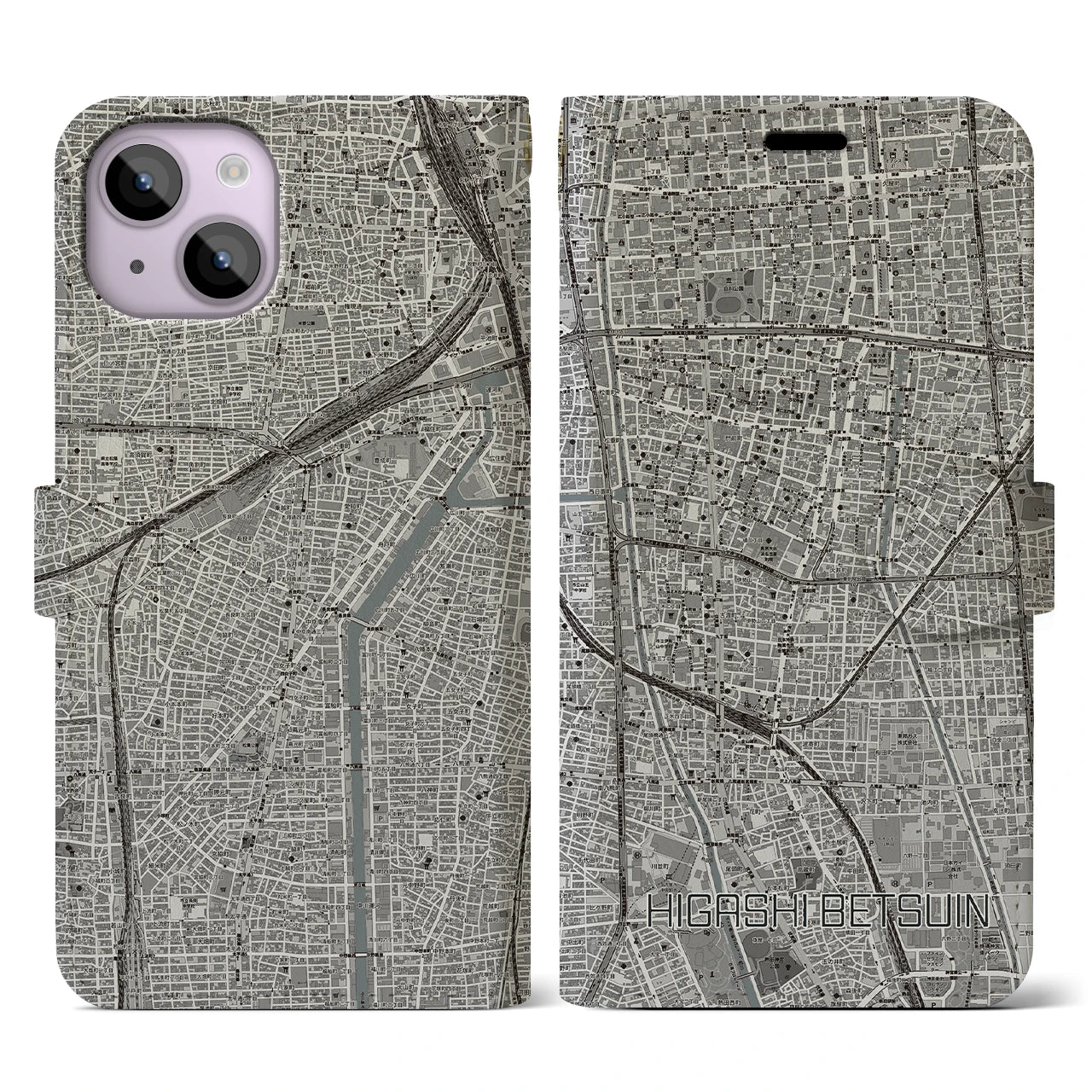 【東別院(愛知県)】地図柄iPhoneケース(手帳タイプ)モノトーン・iPhone 14 用