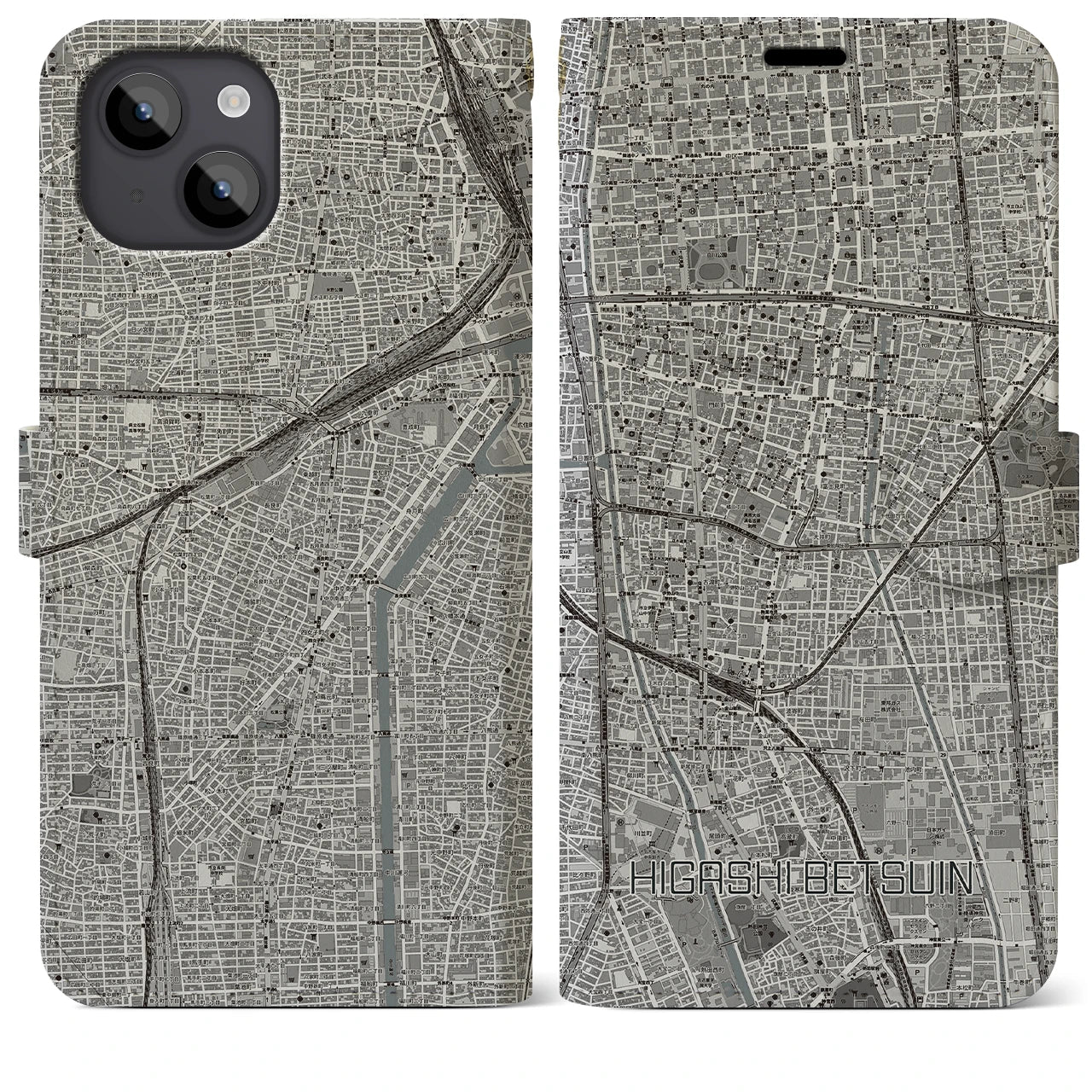 【東別院(愛知県)】地図柄iPhoneケース(手帳タイプ)モノトーン・iPhone 14 Plus 用