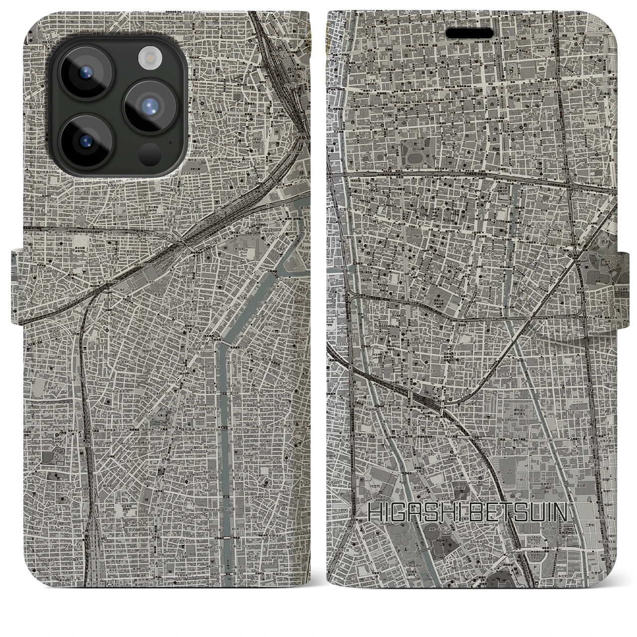 【東別院(愛知県)】地図柄iPhoneケース(手帳タイプ)モノトーン・iPhone 15 Pro Max 用