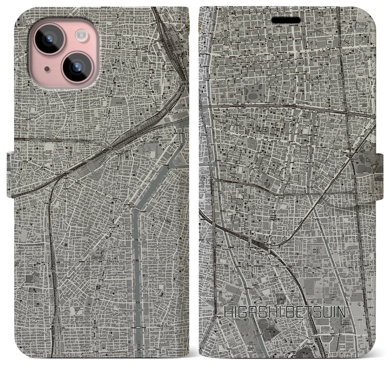 【東別院(愛知県)】地図柄iPhoneケース(手帳タイプ)モノトーン・iPhone 15 Plus 用