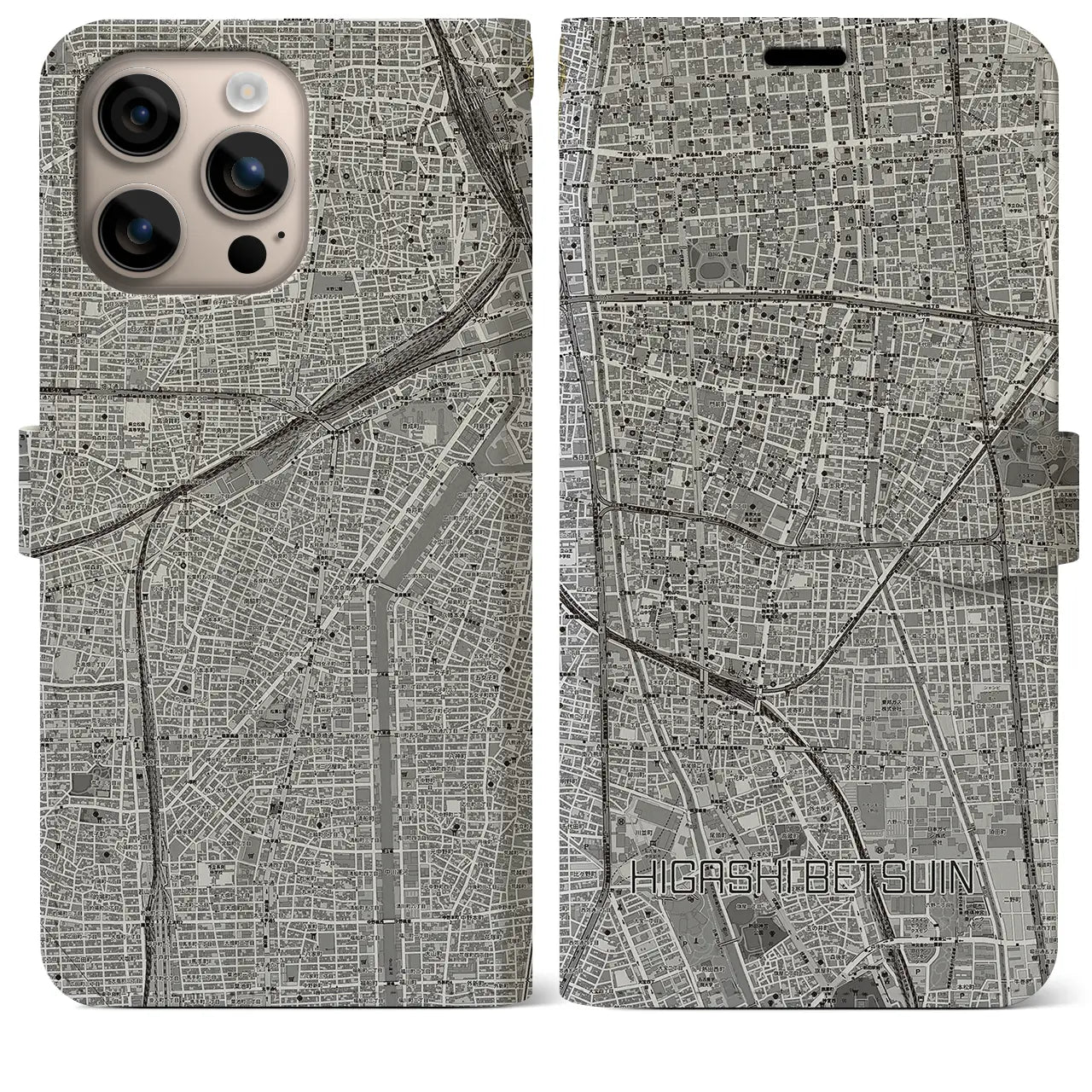 【東別院(愛知県)】地図柄iPhoneケース(手帳タイプ)モノトーン・iPhone 16 Plus 用