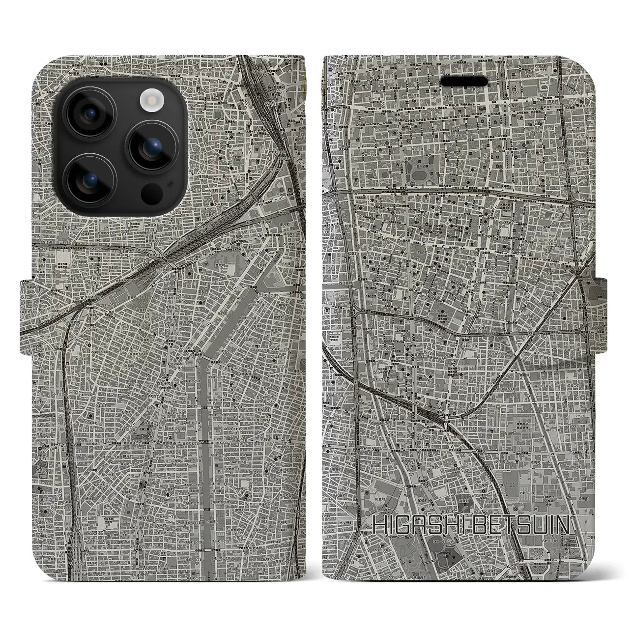 【東別院(愛知県)】地図柄iPhoneケース(手帳タイプ)モノトーン・iPhone 16 用
