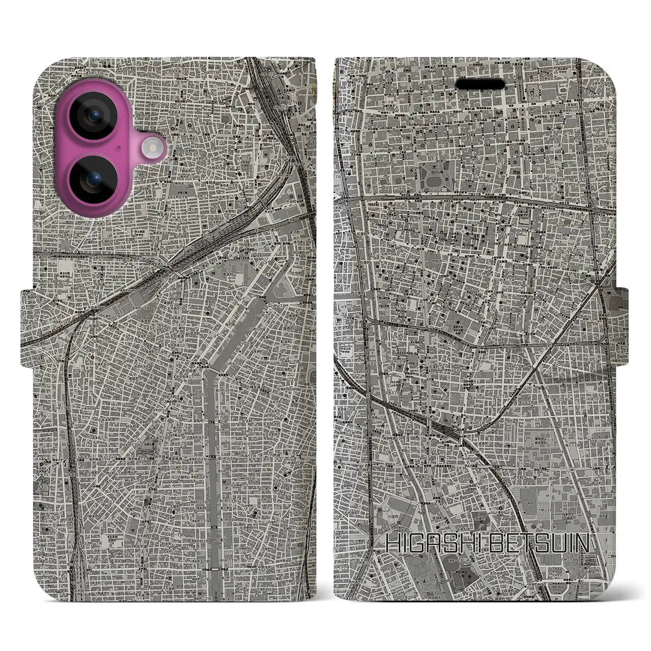 【東別院(愛知県)】地図柄iPhoneケース(手帳タイプ)モノトーン・iPhone 16 Pro 用