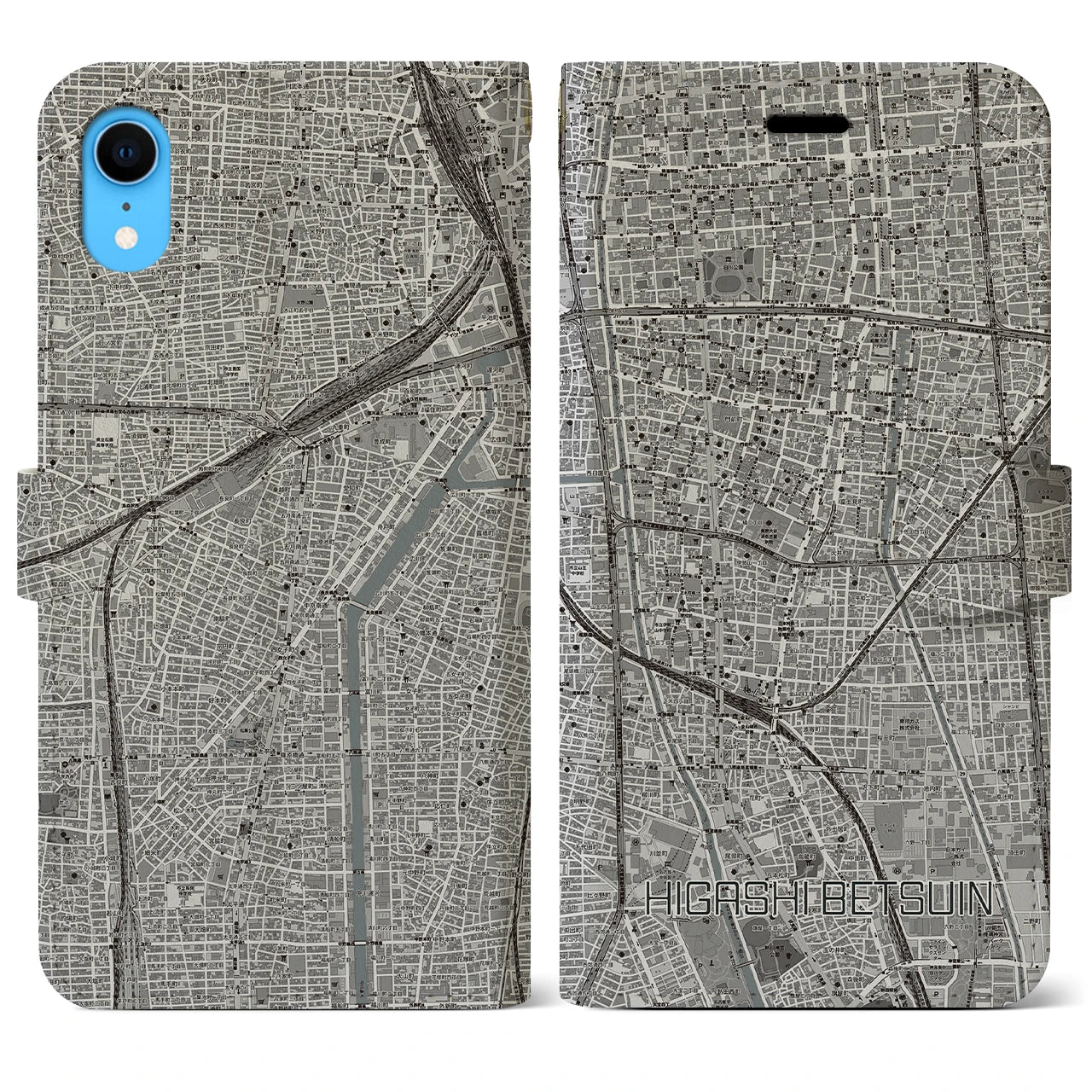 【東別院(愛知県)】地図柄iPhoneケース(手帳タイプ)モノトーン・iPhone XR 用
