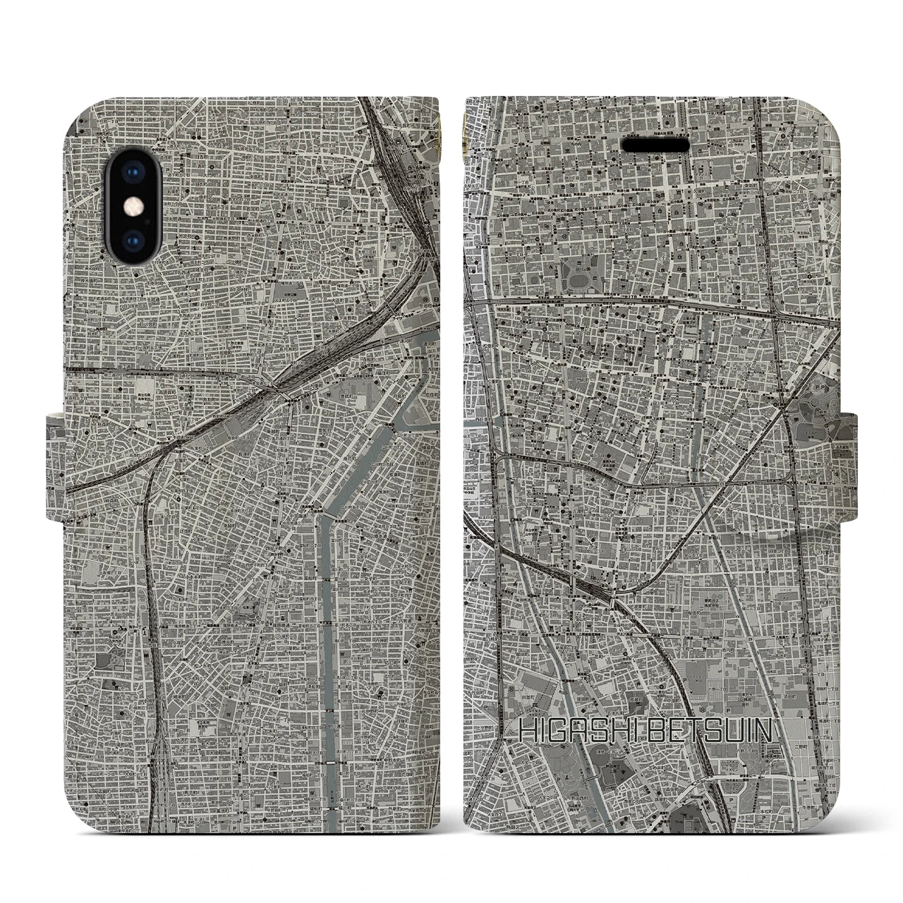 【東別院(愛知県)】地図柄iPhoneケース(手帳タイプ)モノトーン・iPhone XS / X 用