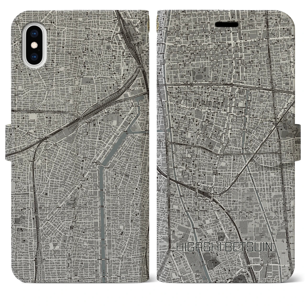 【東別院(愛知県)】地図柄iPhoneケース(手帳タイプ)モノトーン・iPhone XS Max 用