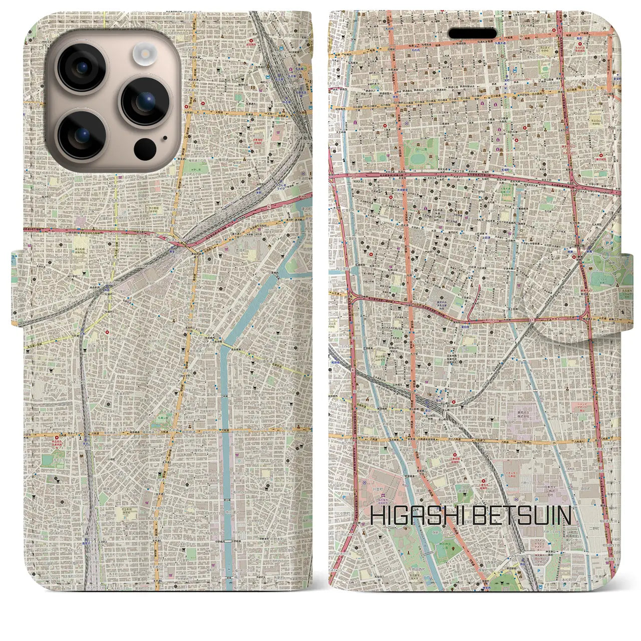 【東別院(愛知県)】地図柄iPhoneケース(手帳タイプ)ナチュラル・iPhone 16 Plus 用