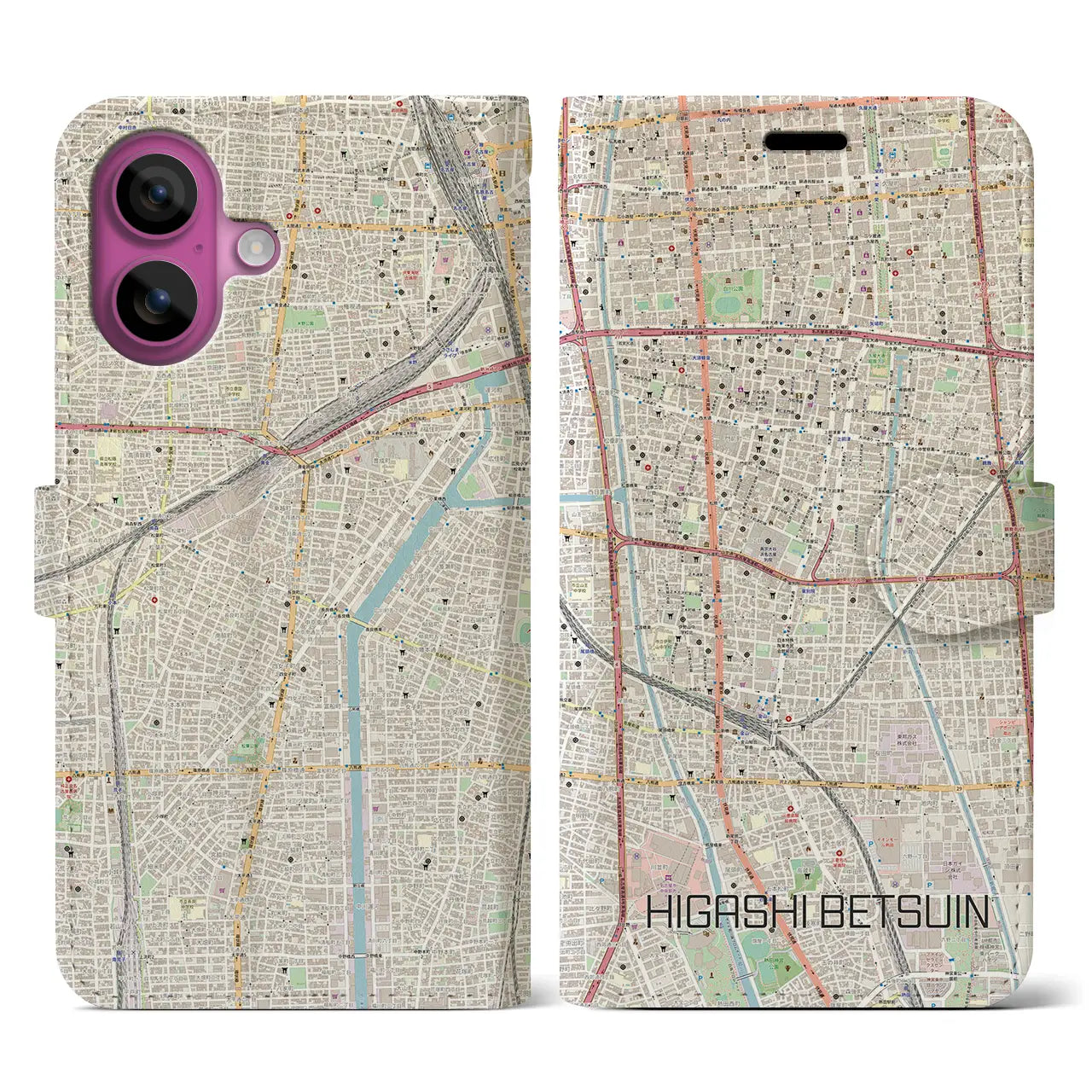 【東別院(愛知県)】地図柄iPhoneケース(手帳タイプ)ナチュラル・iPhone 16 Pro 用