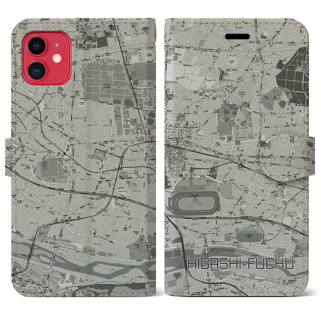 【東府中(東京都)】地図柄iPhoneケース(手帳タイプ)モノトーン・iPhone 11 用