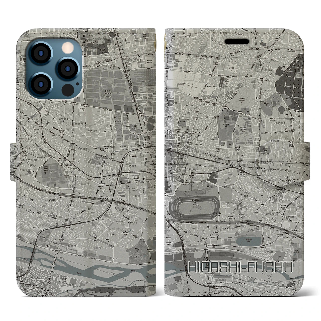 【東府中(東京都)】地図柄iPhoneケース(手帳タイプ)モノトーン・iPhone 12 / 12 Pro 用