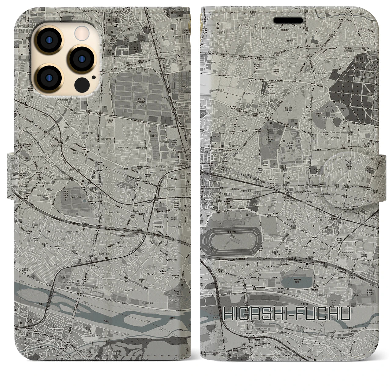 【東府中(東京都)】地図柄iPhoneケース(手帳タイプ)モノトーン・iPhone 12 Pro Max 用