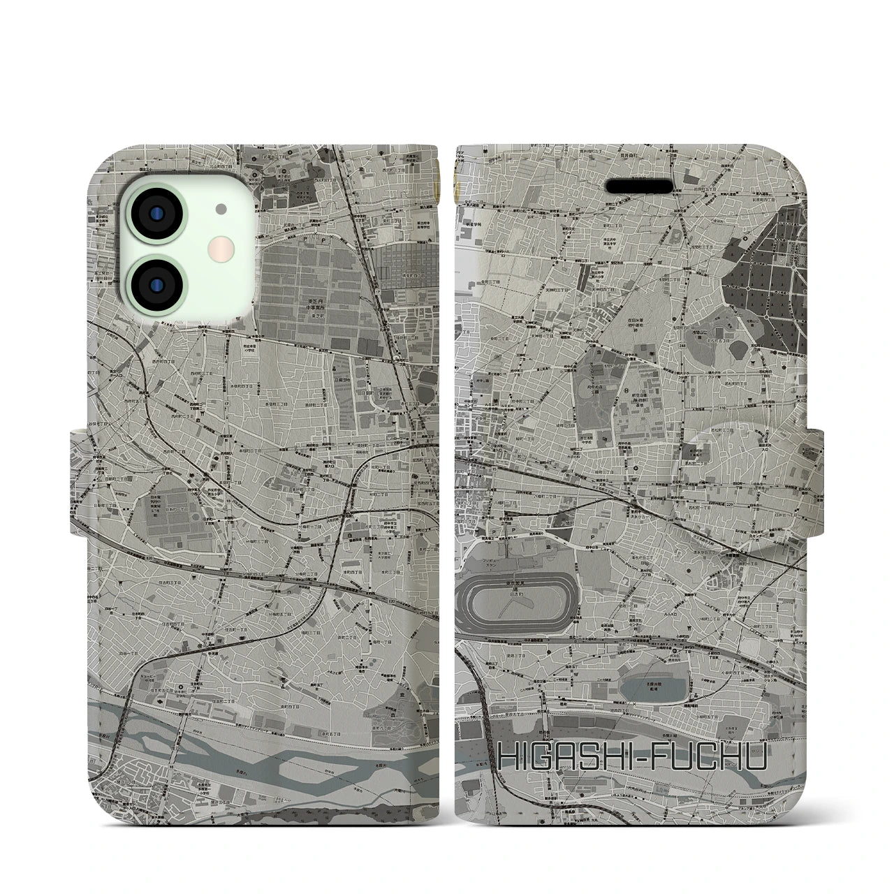 【東府中(東京都)】地図柄iPhoneケース(手帳タイプ)モノトーン・iPhone 12 mini 用