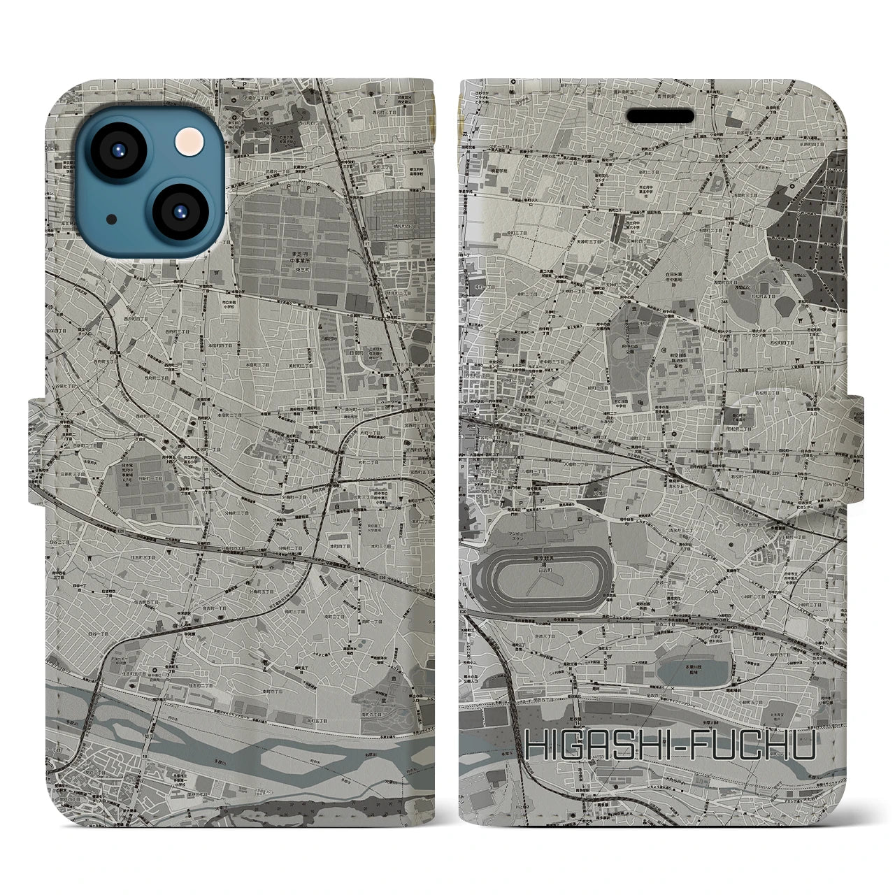 【東府中(東京都)】地図柄iPhoneケース(手帳タイプ)モノトーン・iPhone 13 用
