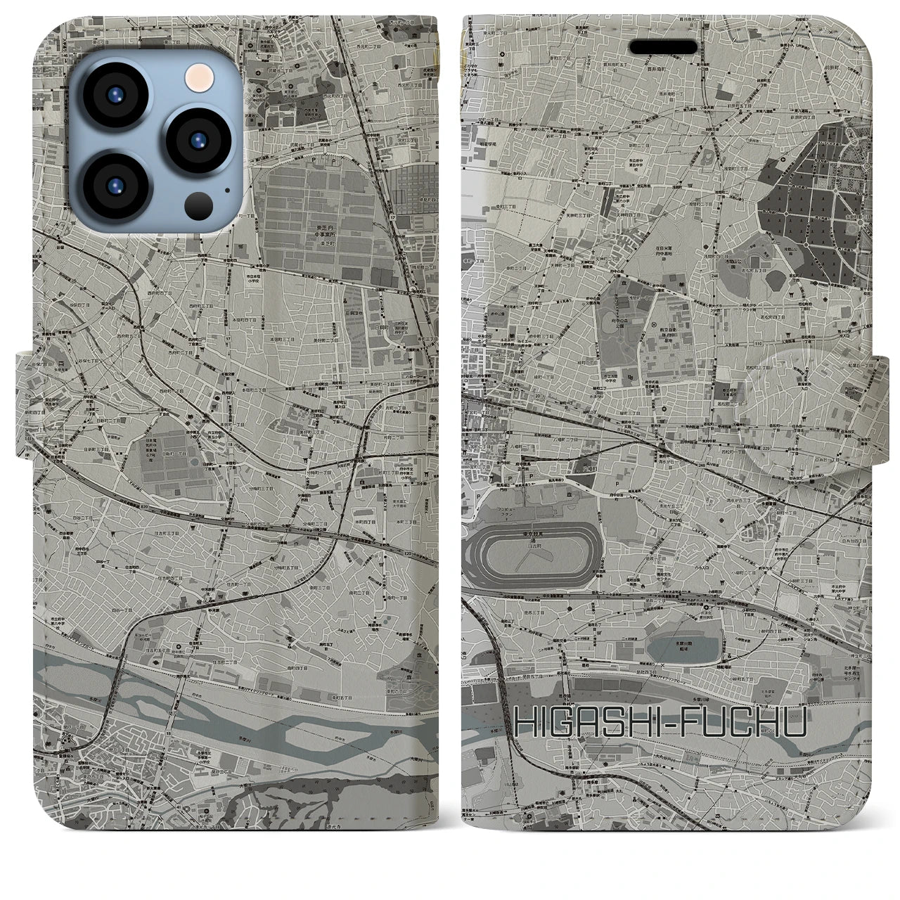 【東府中(東京都)】地図柄iPhoneケース(手帳タイプ)モノトーン・iPhone 13 Pro Max 用