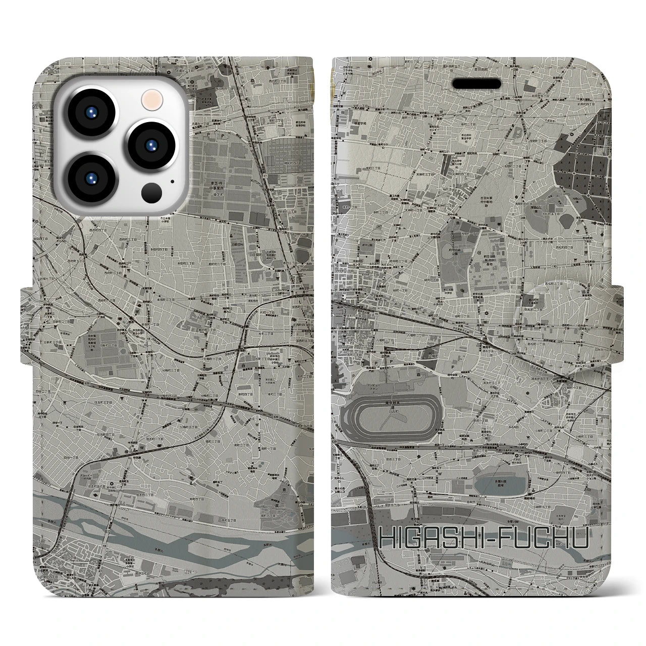 【東府中(東京都)】地図柄iPhoneケース(手帳タイプ)モノトーン・iPhone 13 Pro 用