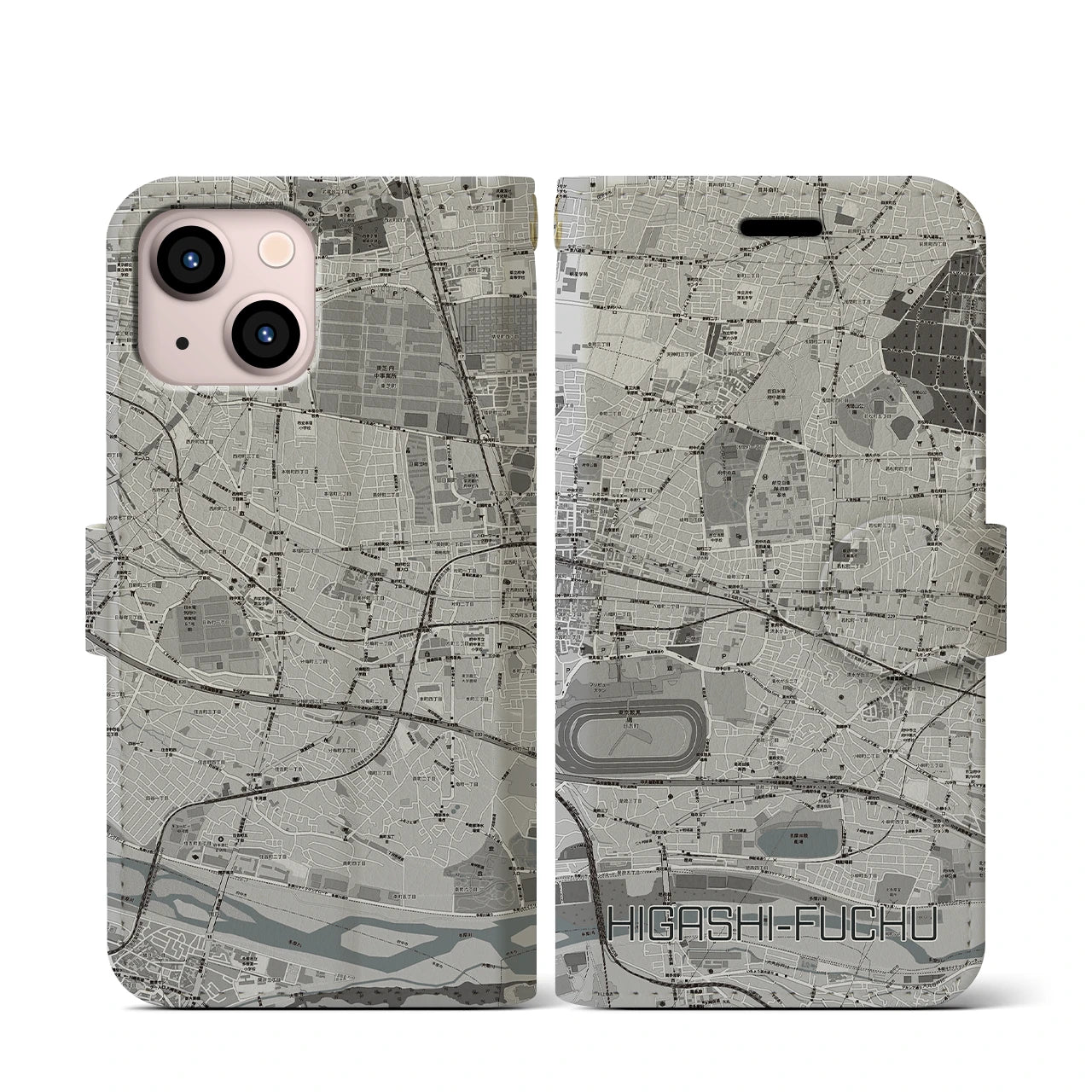 【東府中(東京都)】地図柄iPhoneケース(手帳タイプ)モノトーン・iPhone 13 mini 用