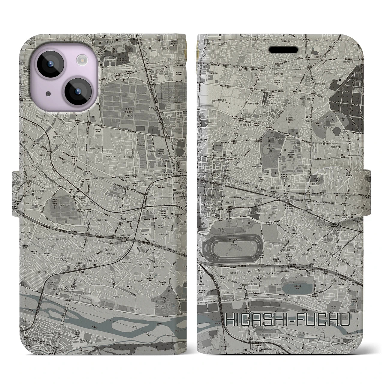 【東府中(東京都)】地図柄iPhoneケース(手帳タイプ)モノトーン・iPhone 14 用