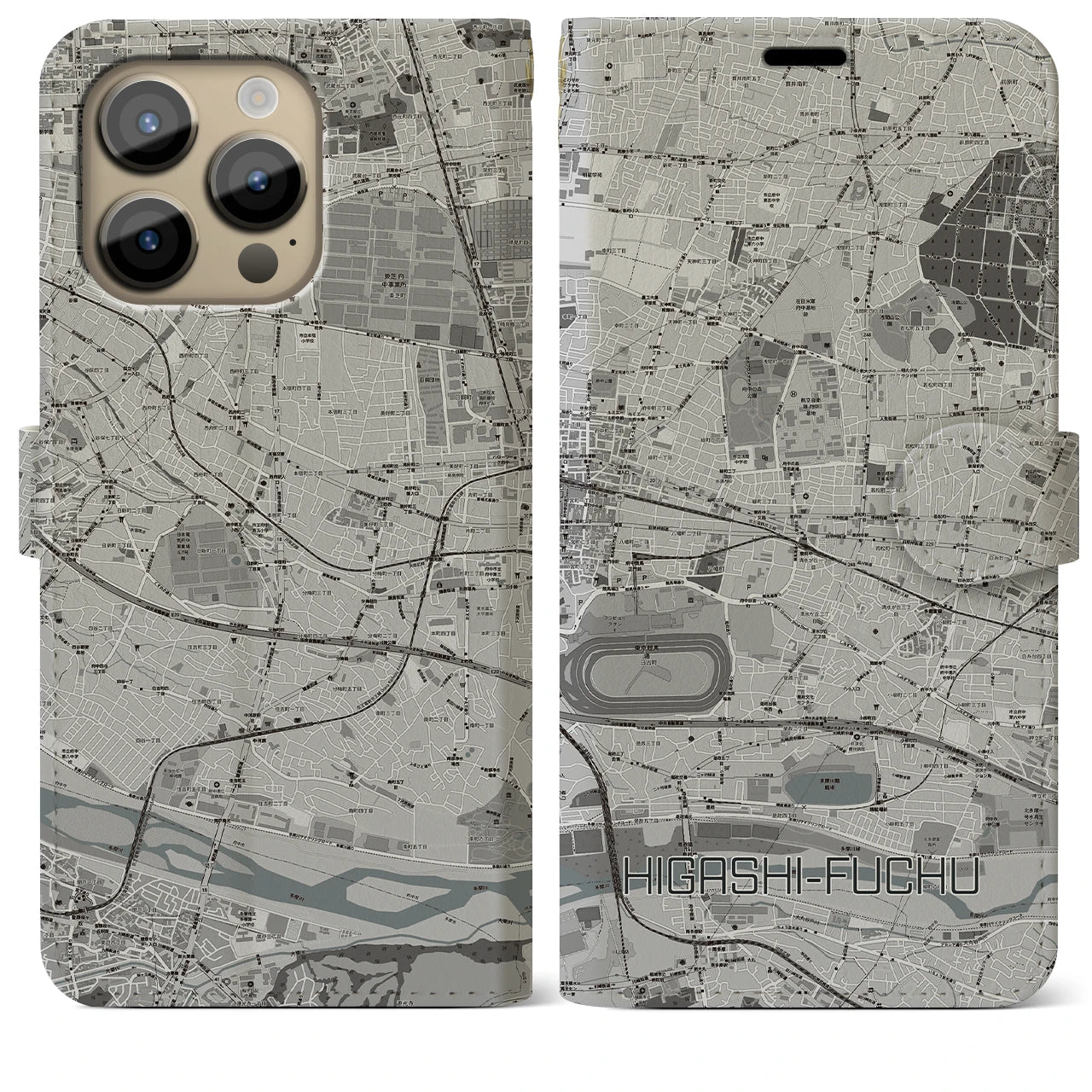 【東府中(東京都)】地図柄iPhoneケース(手帳タイプ)モノトーン・iPhone 14 Pro Max 用