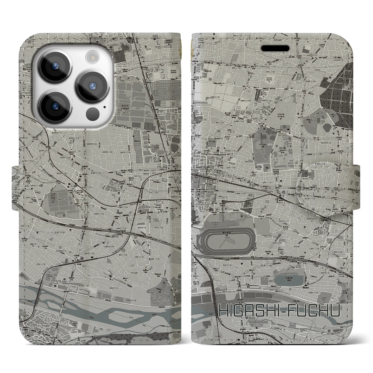 【東府中(東京都)】地図柄iPhoneケース(手帳タイプ)モノトーン・iPhone 14 Pro 用