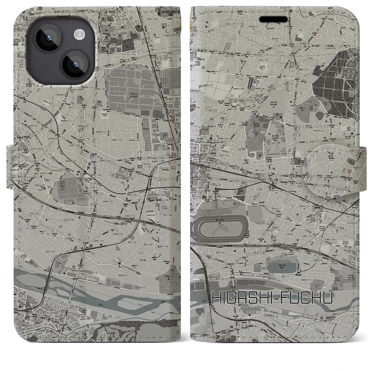 【東府中(東京都)】地図柄iPhoneケース(手帳タイプ)モノトーン・iPhone 14 Plus 用