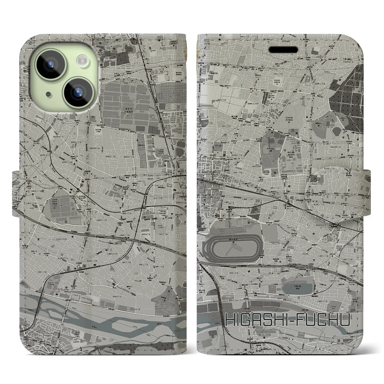 【東府中(東京都)】地図柄iPhoneケース(手帳タイプ)モノトーン・iPhone 15 用