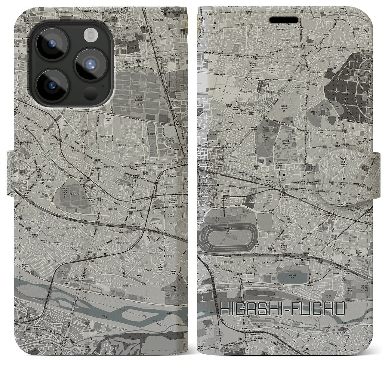 【東府中(東京都)】地図柄iPhoneケース(手帳タイプ)モノトーン・iPhone 15 Pro Max 用