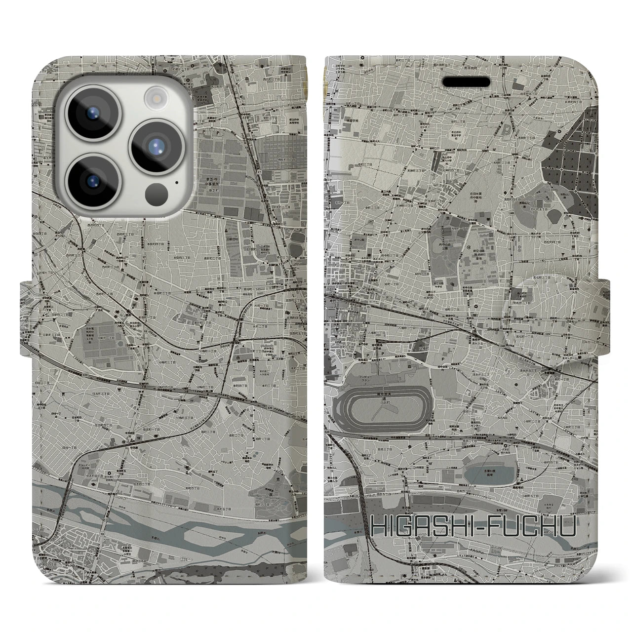 【東府中(東京都)】地図柄iPhoneケース(手帳タイプ)モノトーン・iPhone 15 Pro 用