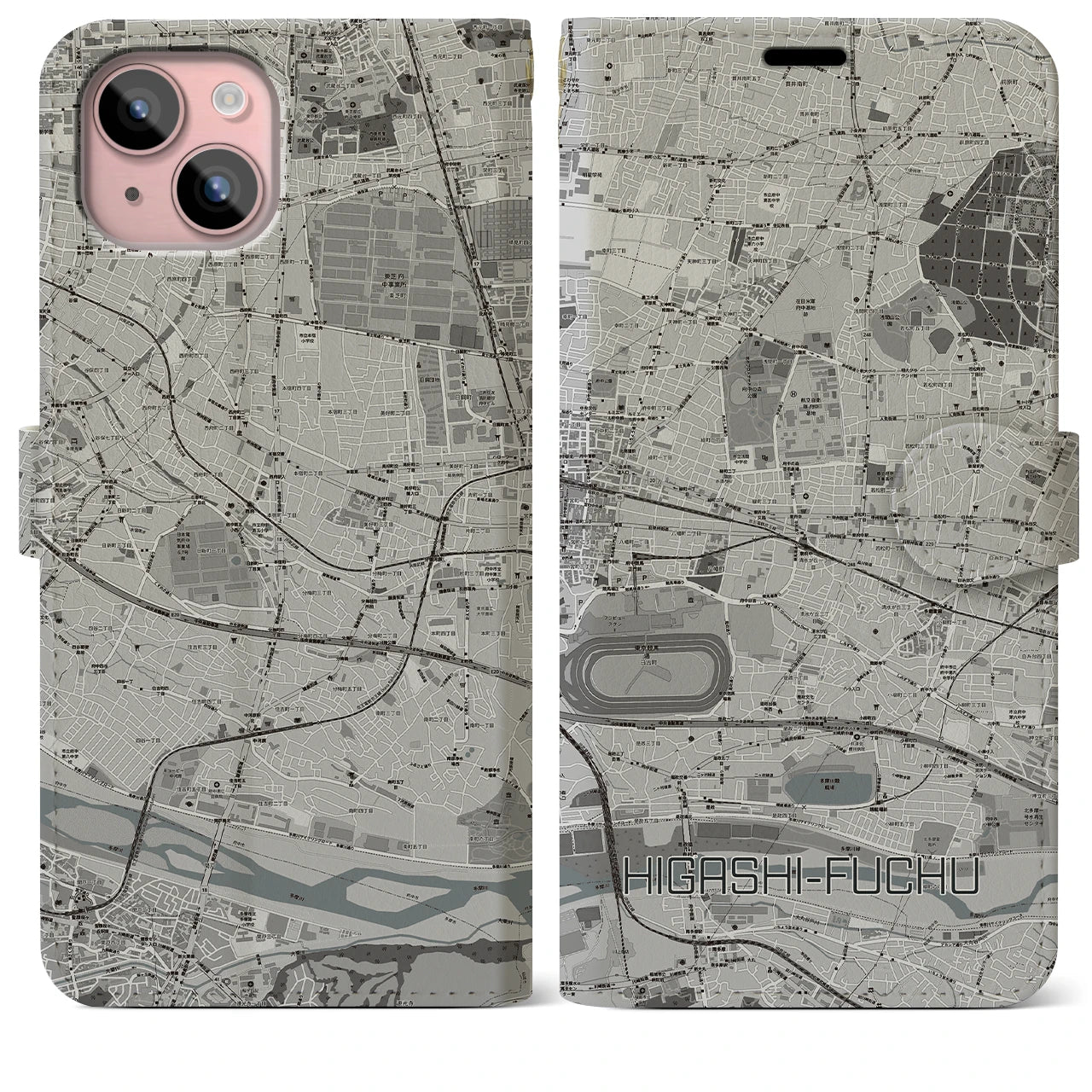 【東府中(東京都)】地図柄iPhoneケース(手帳タイプ)モノトーン・iPhone 15 Plus 用