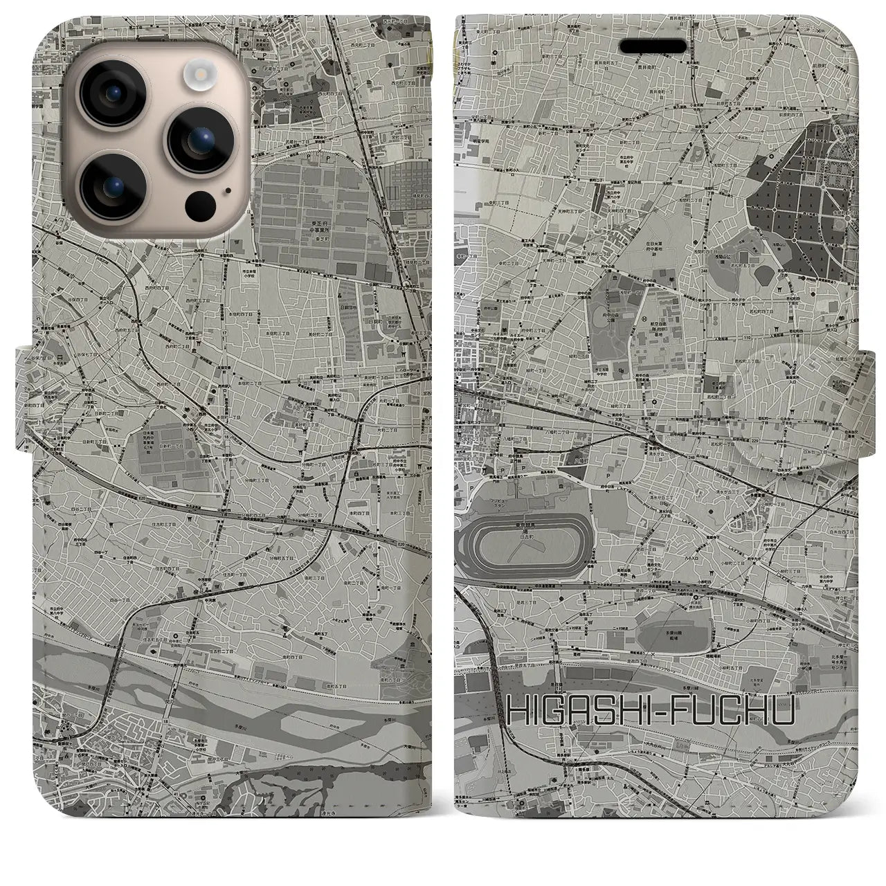 【東府中(東京都)】地図柄iPhoneケース(手帳タイプ)モノトーン・iPhone 16 Plus 用