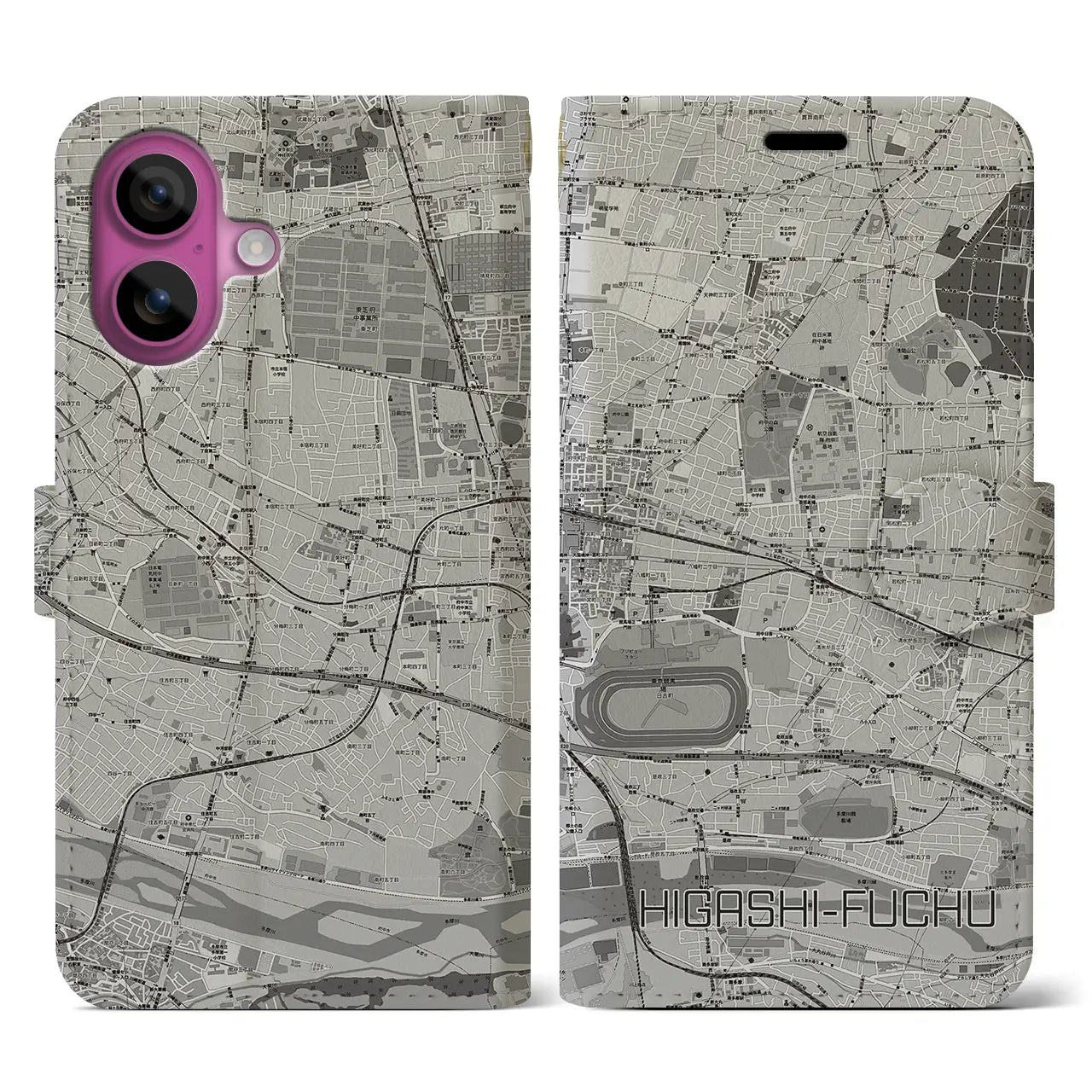 【東府中(東京都)】地図柄iPhoneケース(手帳タイプ)モノトーン・iPhone 16 Pro 用