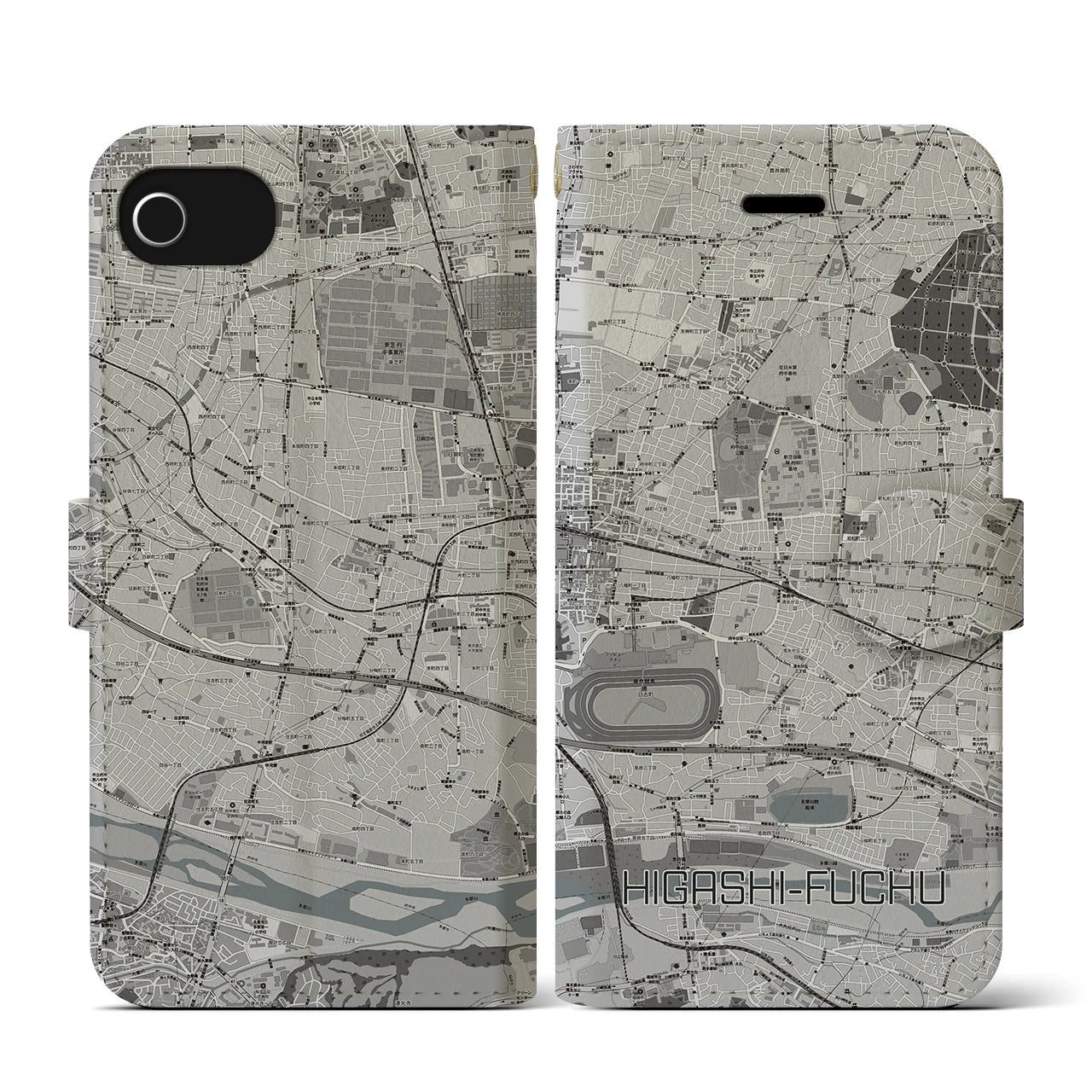 【東府中(東京都)】地図柄iPhoneケース(手帳タイプ)モノトーン・iPhone SE(第3 / 第2世代) / 8 / 7 / 6s / 6 用