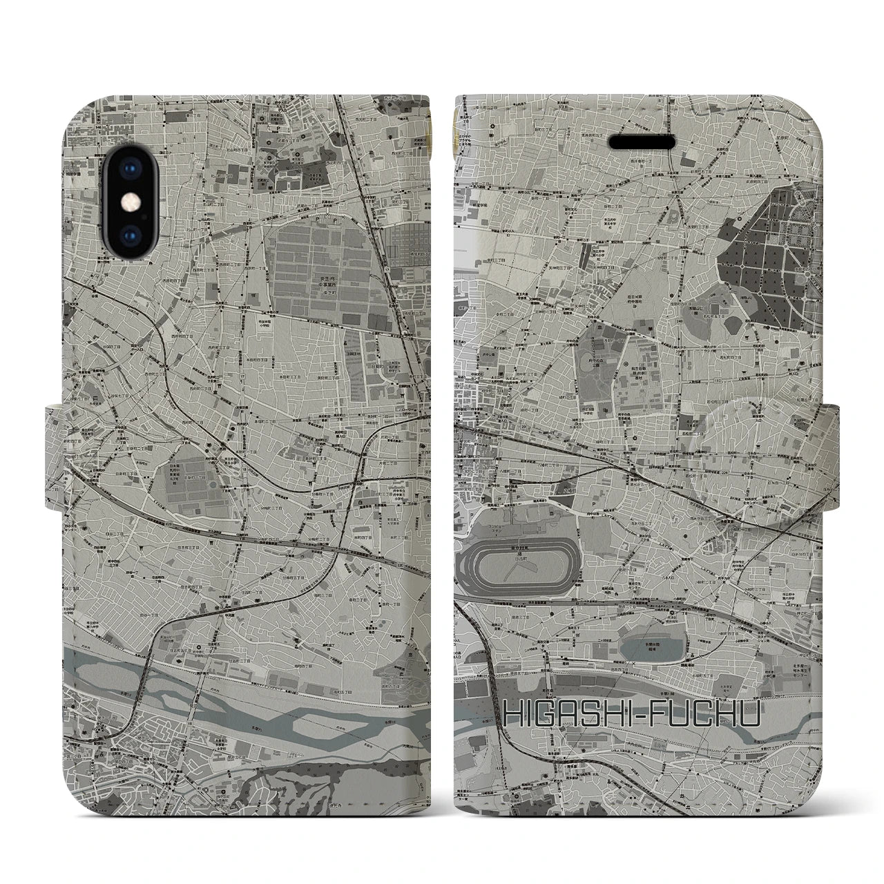 【東府中(東京都)】地図柄iPhoneケース(手帳タイプ)モノトーン・iPhone XS / X 用