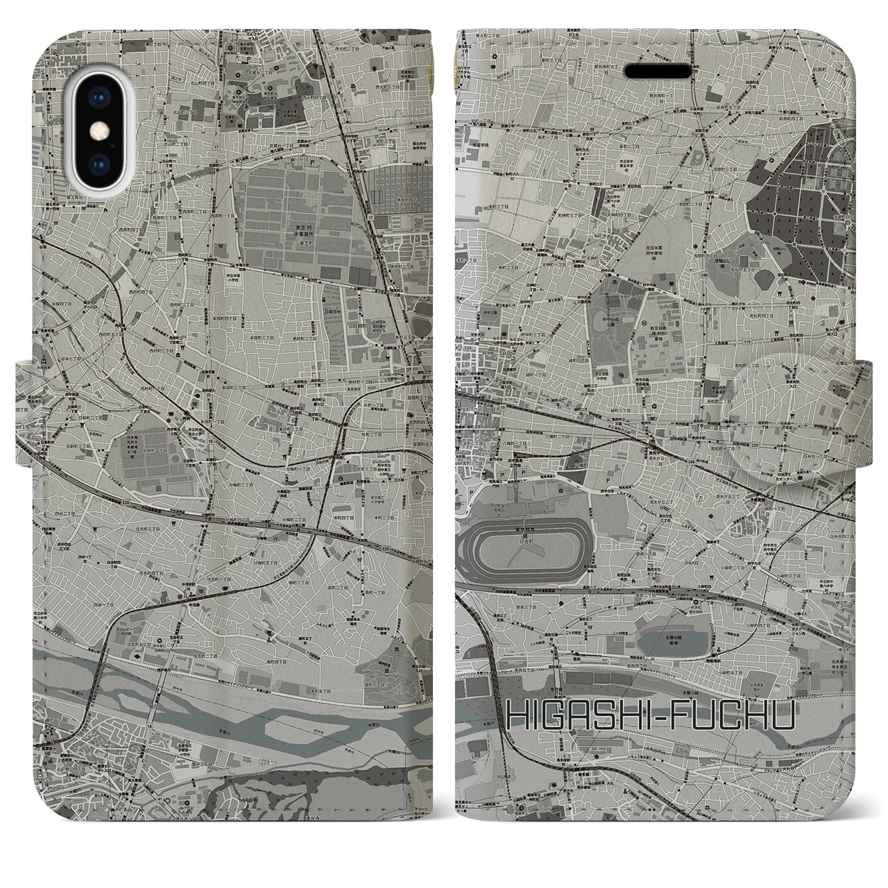 【東府中(東京都)】地図柄iPhoneケース(手帳タイプ)モノトーン・iPhone XS Max 用