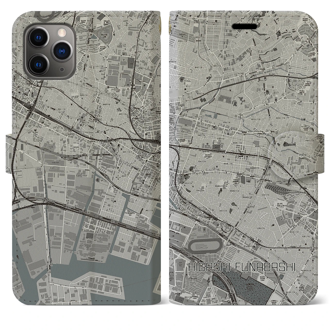 【東船橋(千葉県)】地図柄iPhoneケース(手帳タイプ)モノトーン・iPhone 11 Pro Max 用