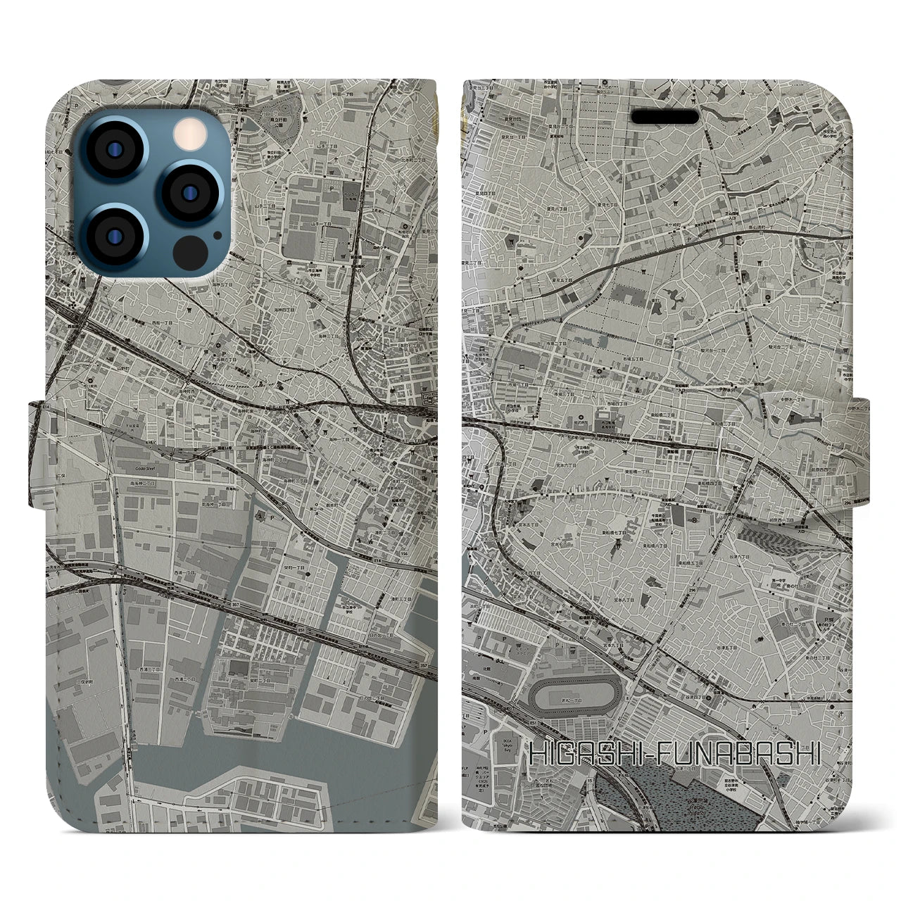 【東船橋(千葉県)】地図柄iPhoneケース(手帳タイプ)モノトーン・iPhone 12 / 12 Pro 用
