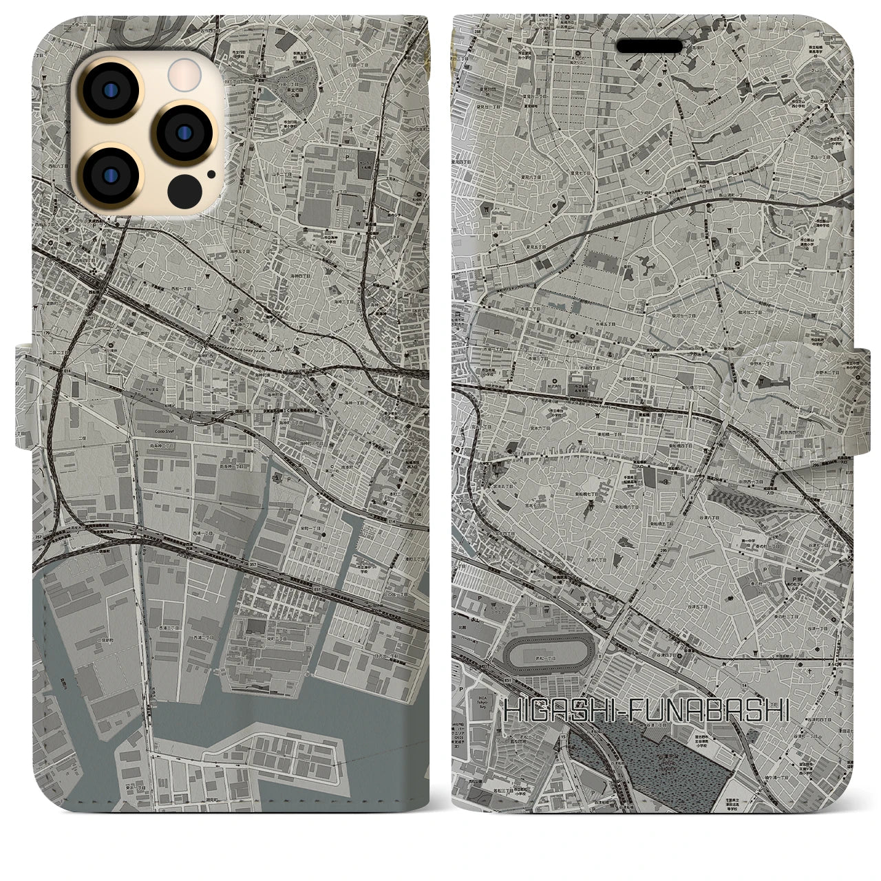 【東船橋(千葉県)】地図柄iPhoneケース(手帳タイプ)モノトーン・iPhone 12 Pro Max 用