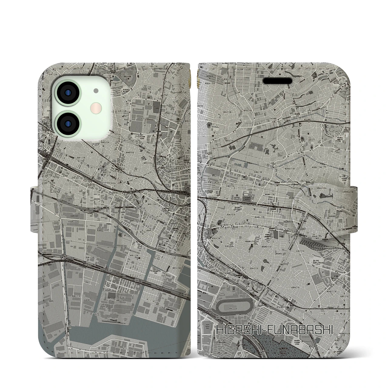 【東船橋(千葉県)】地図柄iPhoneケース(手帳タイプ)モノトーン・iPhone 12 mini 用