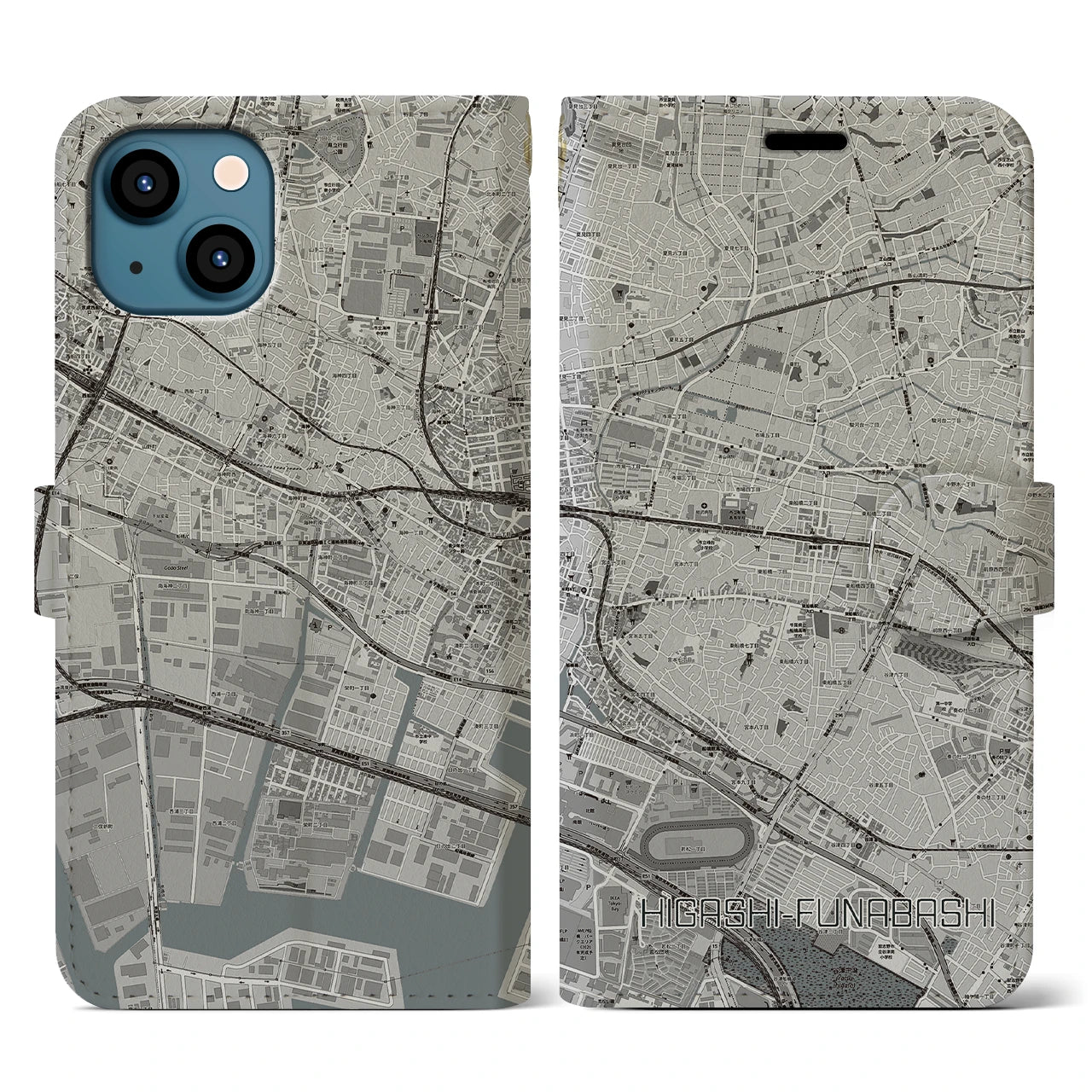 【東船橋(千葉県)】地図柄iPhoneケース(手帳タイプ)モノトーン・iPhone 13 用
