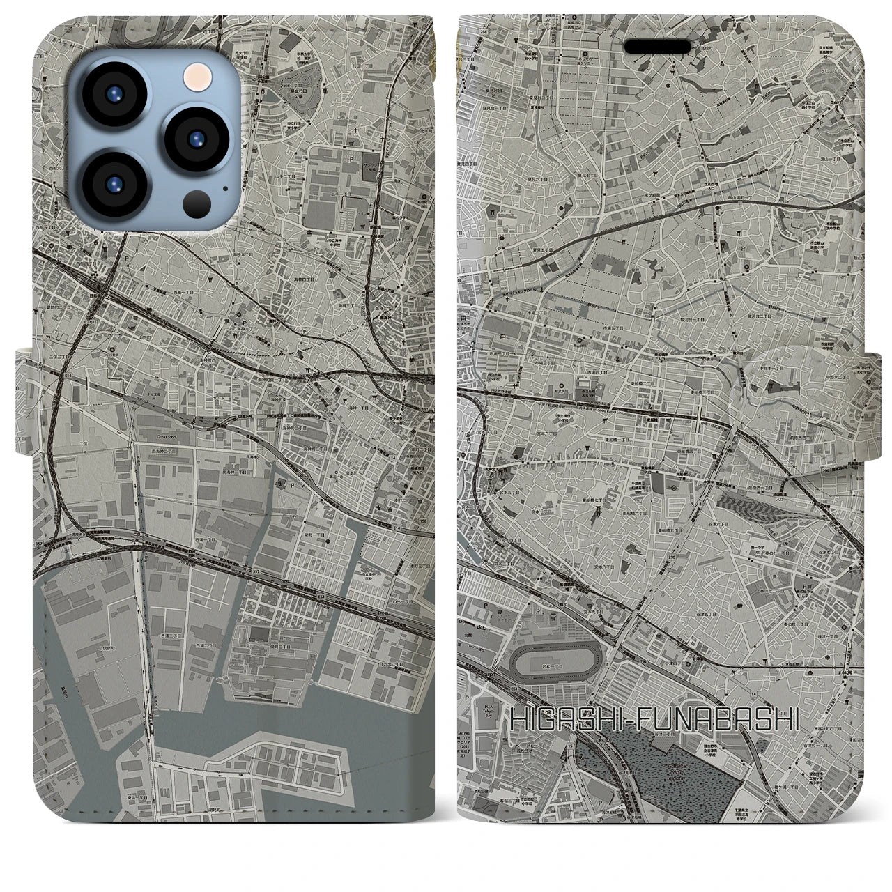 【東船橋(千葉県)】地図柄iPhoneケース(手帳タイプ)モノトーン・iPhone 13 Pro Max 用