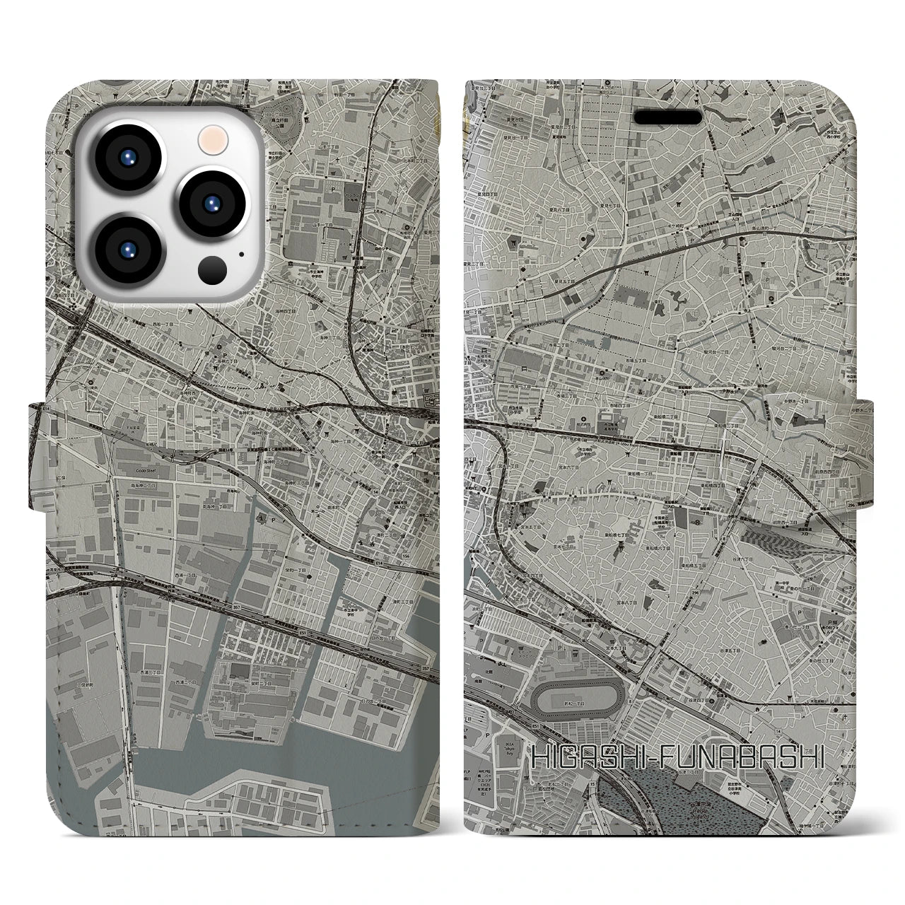 【東船橋(千葉県)】地図柄iPhoneケース(手帳タイプ)モノトーン・iPhone 13 Pro 用