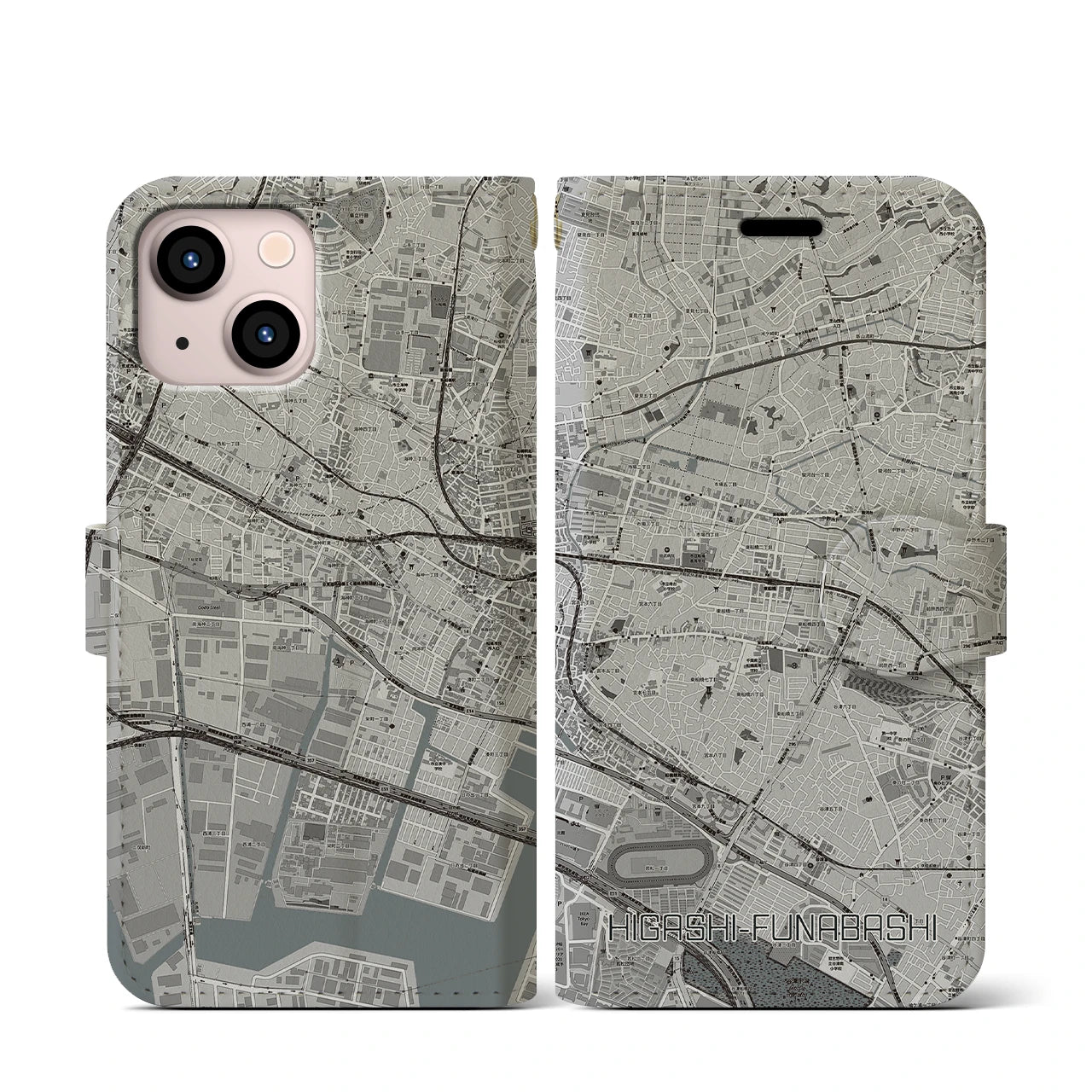 【東船橋(千葉県)】地図柄iPhoneケース(手帳タイプ)モノトーン・iPhone 13 mini 用