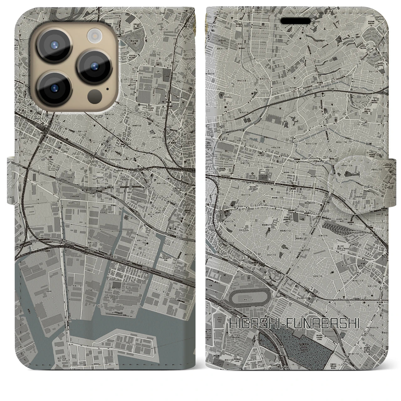 【東船橋(千葉県)】地図柄iPhoneケース(手帳タイプ)モノトーン・iPhone 14 Pro Max 用
