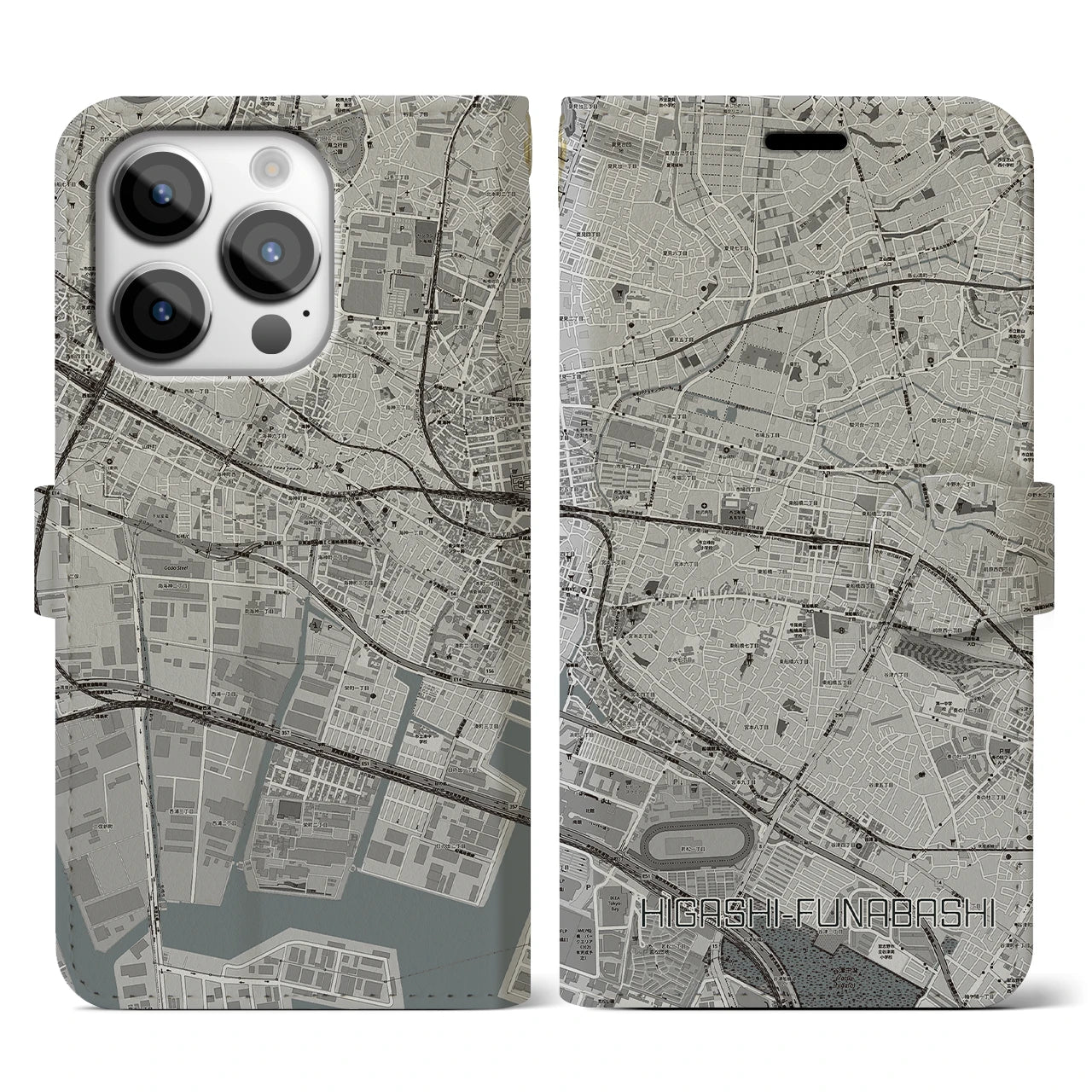 【東船橋(千葉県)】地図柄iPhoneケース(手帳タイプ)モノトーン・iPhone 14 Pro 用