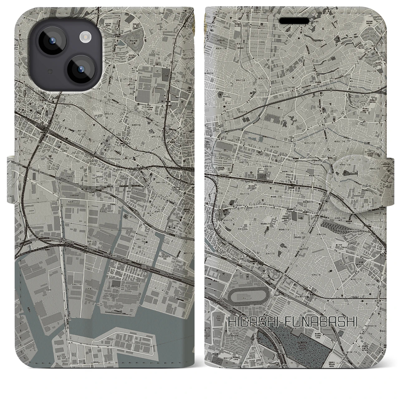 【東船橋(千葉県)】地図柄iPhoneケース(手帳タイプ)モノトーン・iPhone 14 Plus 用