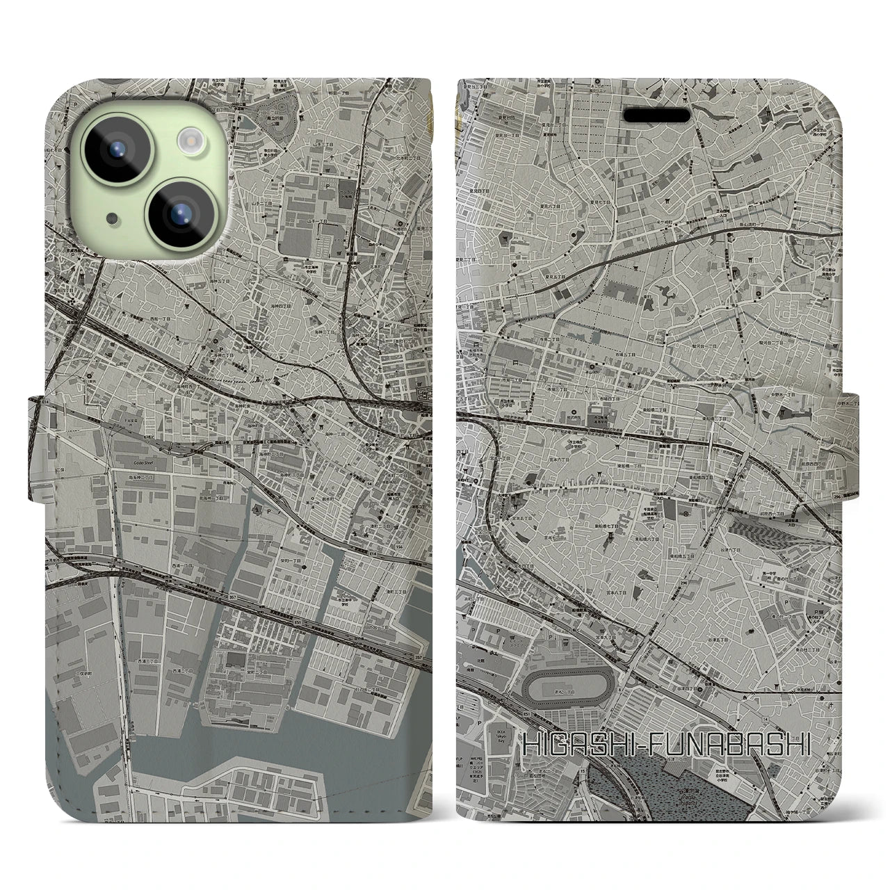 【東船橋(千葉県)】地図柄iPhoneケース(手帳タイプ)モノトーン・iPhone 15 用