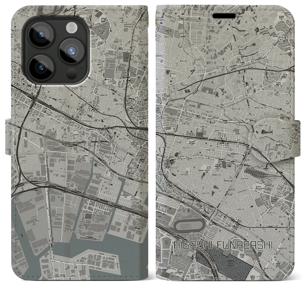 【東船橋(千葉県)】地図柄iPhoneケース(手帳タイプ)モノトーン・iPhone 15 Pro Max 用