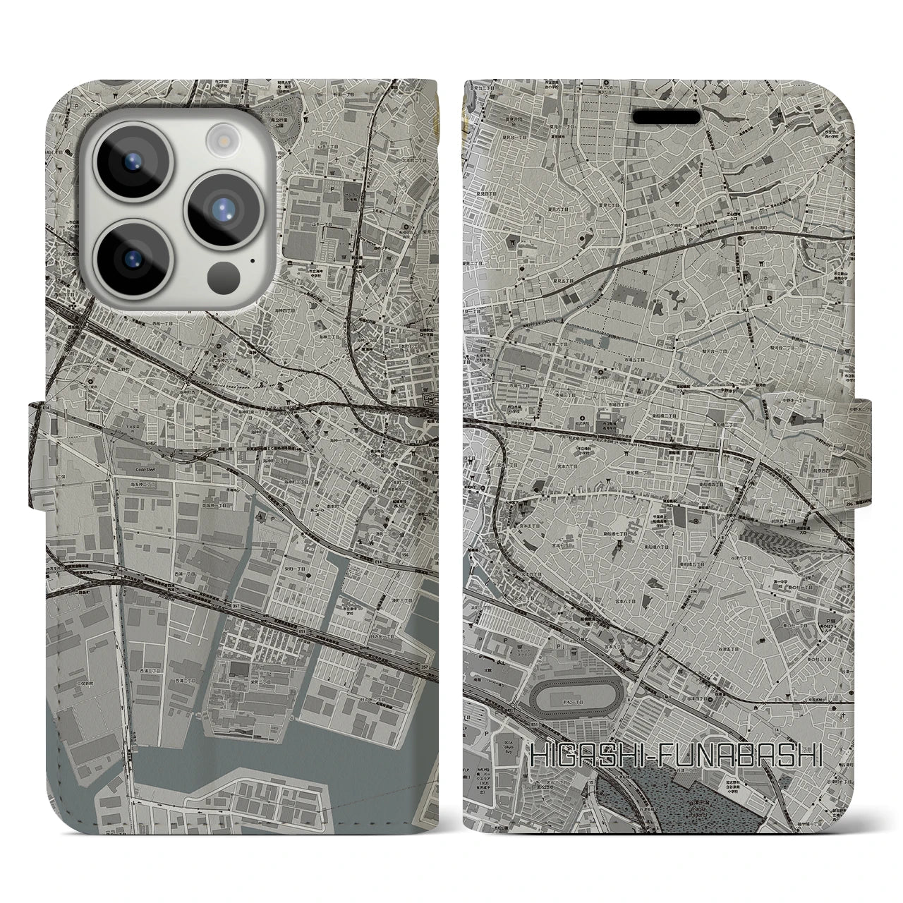 【東船橋(千葉県)】地図柄iPhoneケース(手帳タイプ)モノトーン・iPhone 15 Pro 用