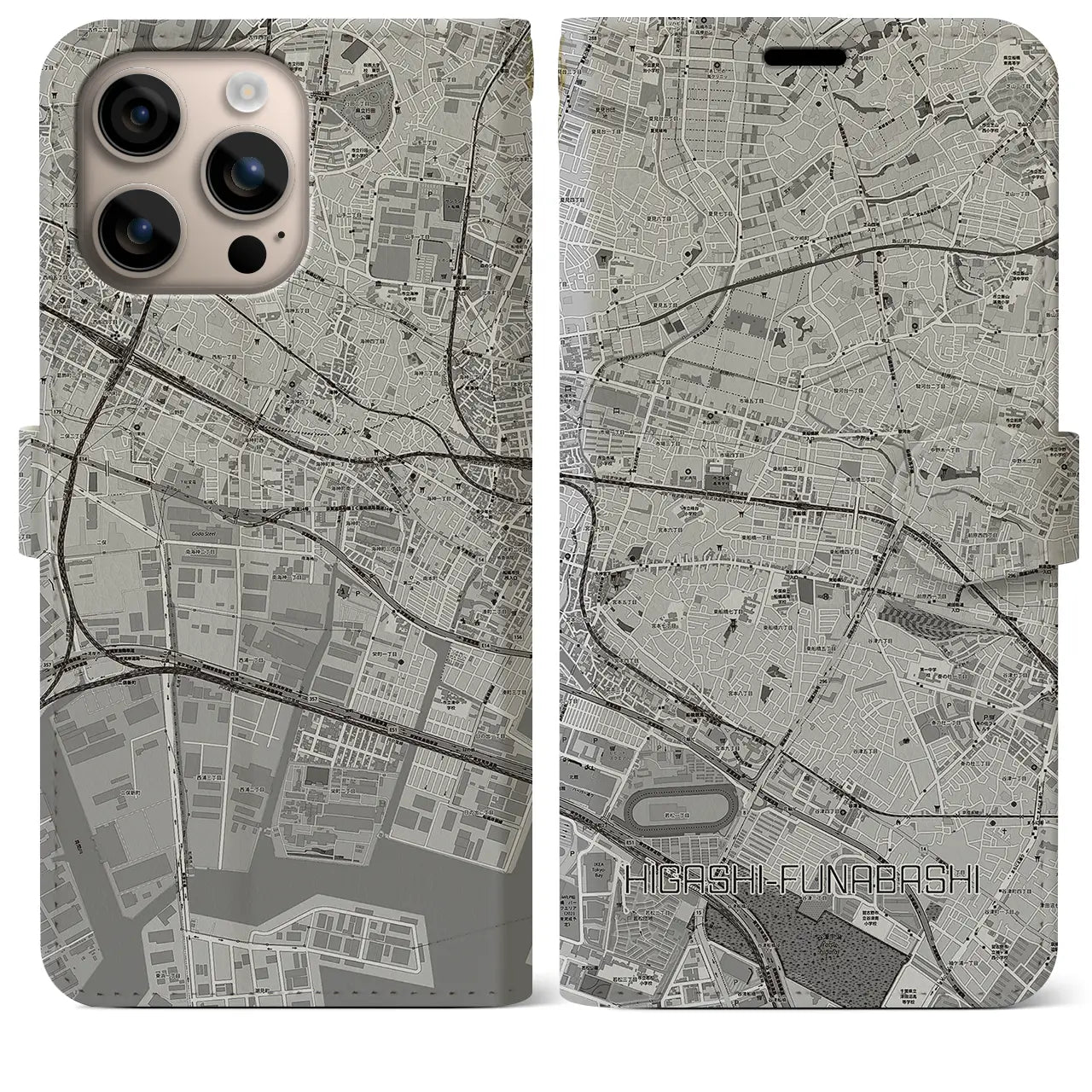 【東船橋(千葉県)】地図柄iPhoneケース(手帳タイプ)モノトーン・iPhone 16 Plus 用