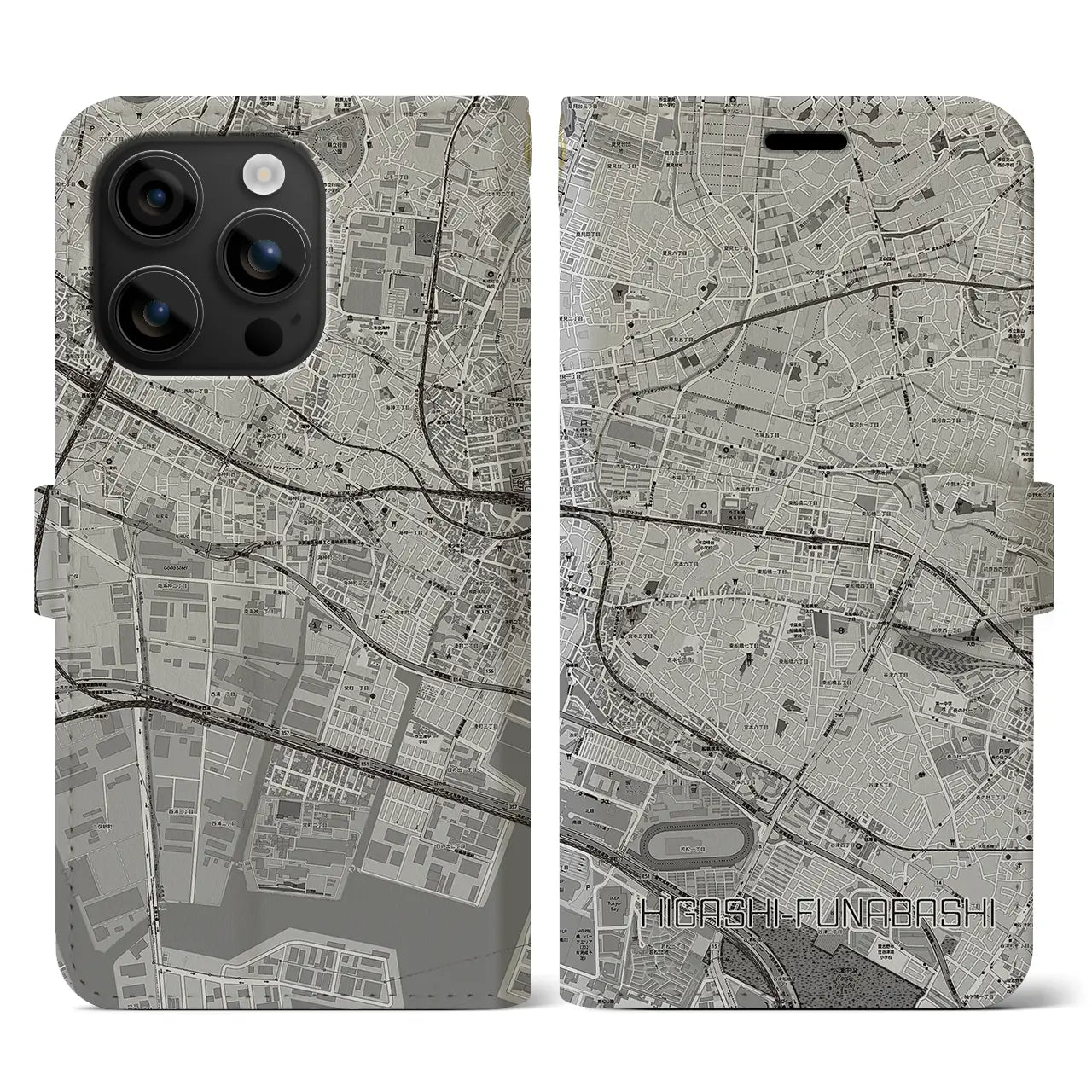 【東船橋(千葉県)】地図柄iPhoneケース(手帳タイプ)モノトーン・iPhone 16 用