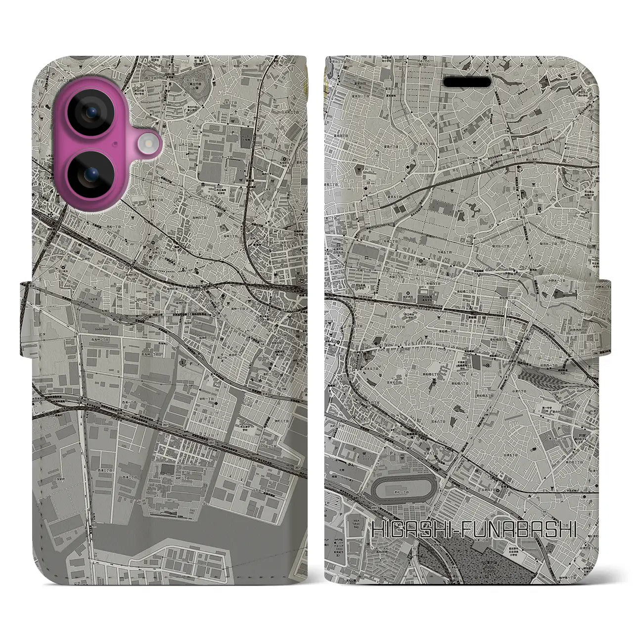 【東船橋(千葉県)】地図柄iPhoneケース(手帳タイプ)モノトーン・iPhone 16 Pro 用
